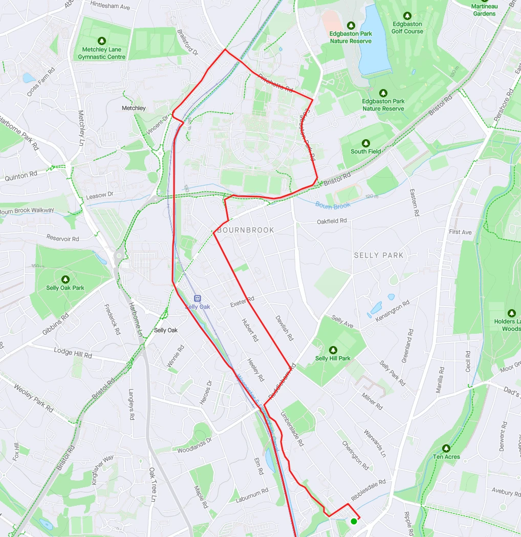 A route plotted from Morrisons in Stirchley, up to campus via Raddlebarn Farm Road, around campus anticlockwise via all the main gates, and then back down the canal.