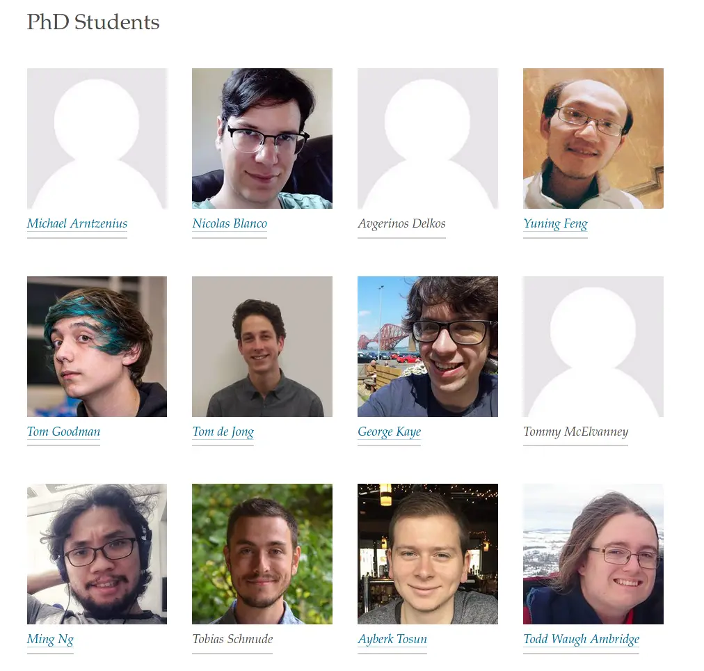 Our improved grid of PhD students on the theory page, where each image is the same size and all in line