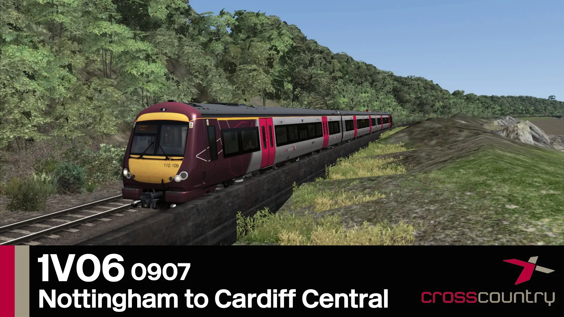 A CrossCountry Class 170 drives on a lovely day.